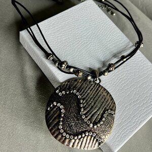 Ornate Metal Pendant, 3 Strand Leather/Beaded 9" Necklace